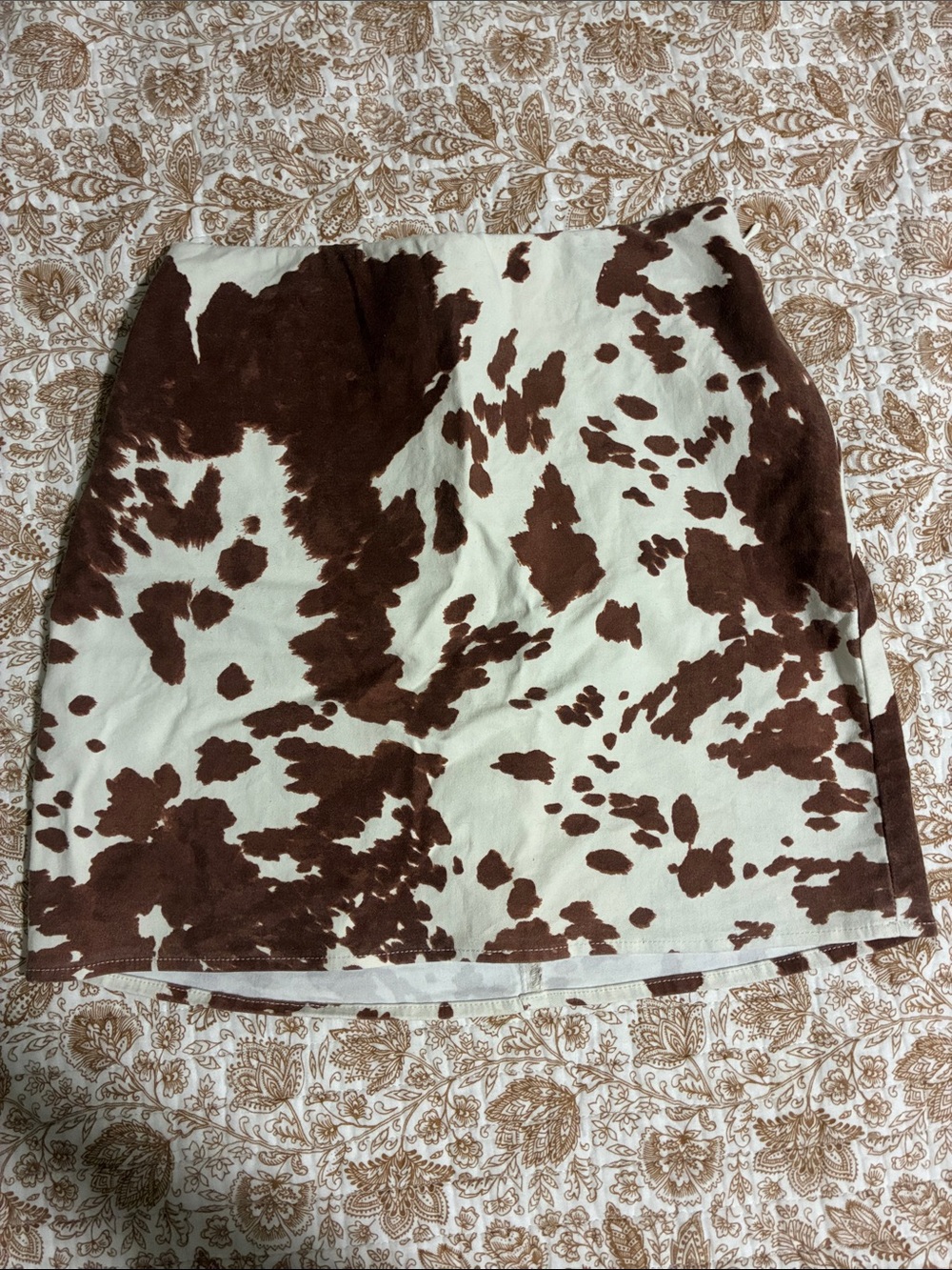 Brown and Cream Cow-Print Mini Skirt